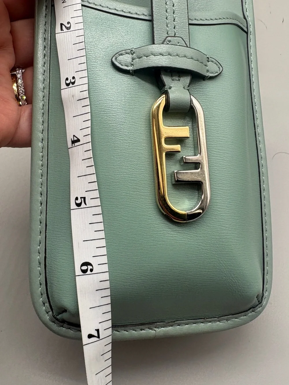 Fendi O’Lock Leather Phone Pouch Crossbody Mint Green Box Dust Bag
